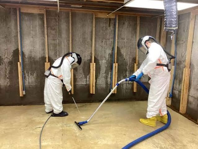 Certified restoration technicians sanitizing concrete foundation and subfloor framing in flooded crawl space